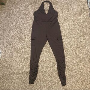 SHEIN Curve Dark Brown Halter Jumpsuit, Cargo Pockets, Ruching, Sz 2X